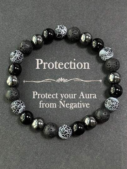 8mm Men's Protective Bracelet, Made Of Weathered Agate, Black Volcanic Rock, Obsidian, And Hematite, Symbolizing Courage And Confidence, Vintage Fashion, Suitable For Daily Wear, An Ideal Gift For Family And Friends