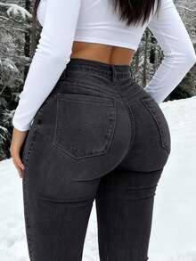 Y2K风格高腰浅蓝色牛仔裤，九分裤长，修身剪裁，凸显身材曲线，适合春夏、度假、节日、休闲牛仔穿搭、牛仔裤、长裤、外出等场合，女士牛仔裤，女士牛仔套装，女士牛仔裤，贴合曲线 - 深灰色 - 查看 5