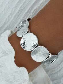 10件套夸张简约休闲复古硬币风格链条爱心叠戴手链及手镯套装，女士日常佩戴，生日/新年/情人节礼物 - 銀色 - 查看 3