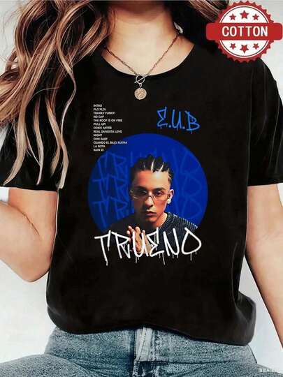 1pc blusas de mujer blusas bonitas para mujeres ropa de mujer conjuntos para mujer Tema musical Tshirt 180g negro y blanco algodón patrón de impresión Trueno impresión de alta calidad algodón cuello redondo ajuste básico holgado hombres y mujeres transpirable versátil lavable a máquina cómodo talla S ~ 3XL diario casual deportes imprescindible verano.