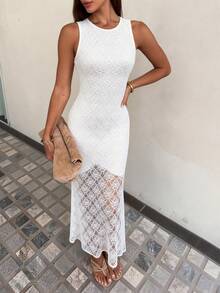 Đầm maxi ren trắng thanh lịch dành cho nữ, không tay, cổ tròn, dáng ôm, thích hợp cho tiệc tùng và kỳ nghỉ. - trắng - Xem 3