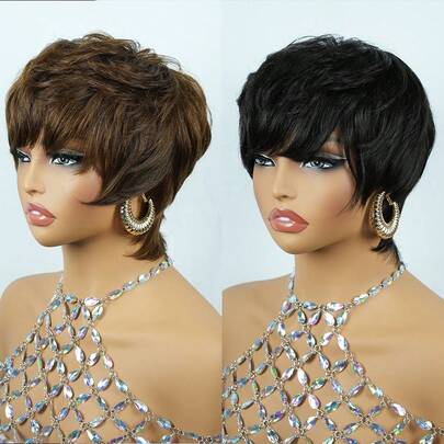 黑色和棕色短款精灵头假发，女士/女性直发/自然波浪发型，层次感真人发假发，基础款无蕾丝假发，无需胶水，全机织假发，适合派对和日常佩戴，1B#色和4#色可选。