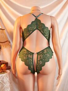 Plus Size Women Sexy Lingerie, Sheer Lace Intimate Apparel, Revealing Backless Heart Decor Bodysuit, Holiday Gift