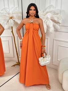 AIJ Amarilo Sexy Vacation Beaded Strappy Sleeveless Maxi Dress For Women - Orange - View 4