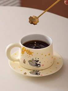 一套高档高白陶瓷350毫升拿铁挂耳咖啡杯，极具吸引力的陶瓷杯垫套装，可爱情侣水杯，个性化马克杯，牛奶麦芽早餐杯，创意拉花粗陶办公杯碟 - 彩色 - 查看 3