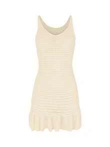 Women's Casual Sexy Hollow Out Sheer Beach Vacation Knit Sleeveless Ruffle Trim Crop Top & Mini Dress Set - Apricot - View 7