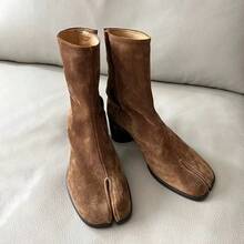 Cowhide Version~Genuine Leather Split Toe Pig Trotter Women's Shoes Look Slim And Thick With Thick Heels. Mid Heeled Boots For Women, Chelsea Women's Short Boots - 棕色磨砂面(加絨) - 查看 2