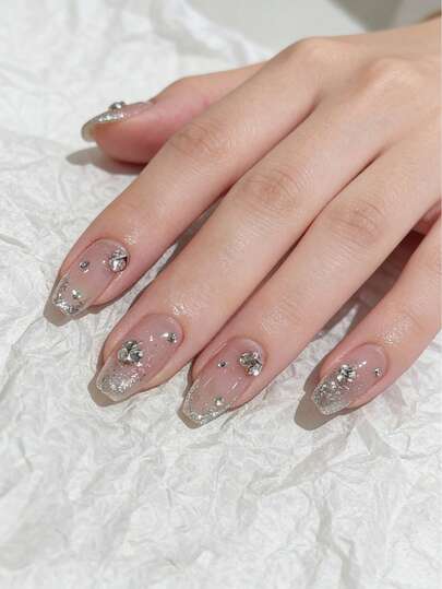 24入組長款實色閃亮鑽石壓克力指甲，派對、跳舞、日常穿著和指甲藝術裝飾指甲用品