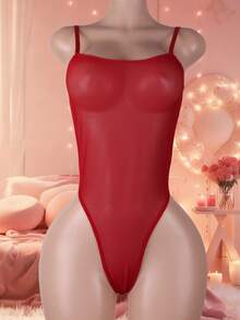 Bộ jumpsuit xuyên thấu 1 mảnh, jumpsuit cơ bản gợi cảm cổ điển dành cho nữ, đồ lót ngày Valentine, jumpsuit trong suốt - Màu Đỏ Sâu - Xem 1