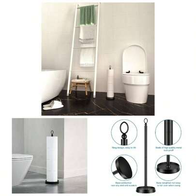 Heavy Weighted Toilet Paper Holder With Reserve Function Standing, Spare Toilet Paper Roll Storage Stand Bathroom Total Height 22.5 Inch Matte Black