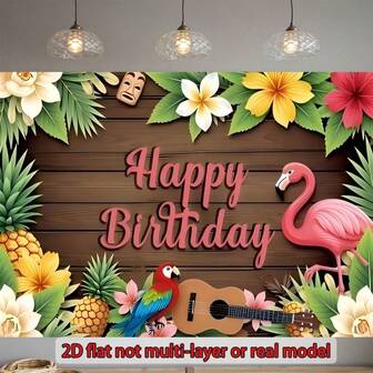 1pc Flamingo Birthday Backdrop Banner, Decorated With Floral, Guitar And Parrot Patterns, Suitable For Birthday Celebration, Cake Table Background Decor, Party Supplies, Party Decor Photo Studio Backdrop, Anniversary, Family Gathering, Garden Party, And Various Occasions, Versatile Theme Party.