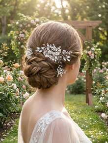 3件套女士仿珍珠水晶串珠发梳及发夹手工套装，经典欧美风格新娘婚礼头饰，银色优雅皇冠情人节配饰 - 銀色 - 查看 3