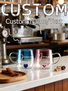 Customized Couple Cups, Heart-Shaped Bottom High Borosilicate Glass Single-Layer Cup, Gradient Blue Couple Insulated Glass Cup With Handle, Suitable For Milk, Juice, Water, Gifts For Him, Gifts For Her, Valentine's Day Gifts, Ideal Valentine's Day Gift For Him