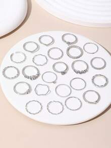 23件套时尚指节戒指套装，女士水晶星月眼波浪金银戒指，女士派对珠宝礼品 - 銀色 - 查看 4