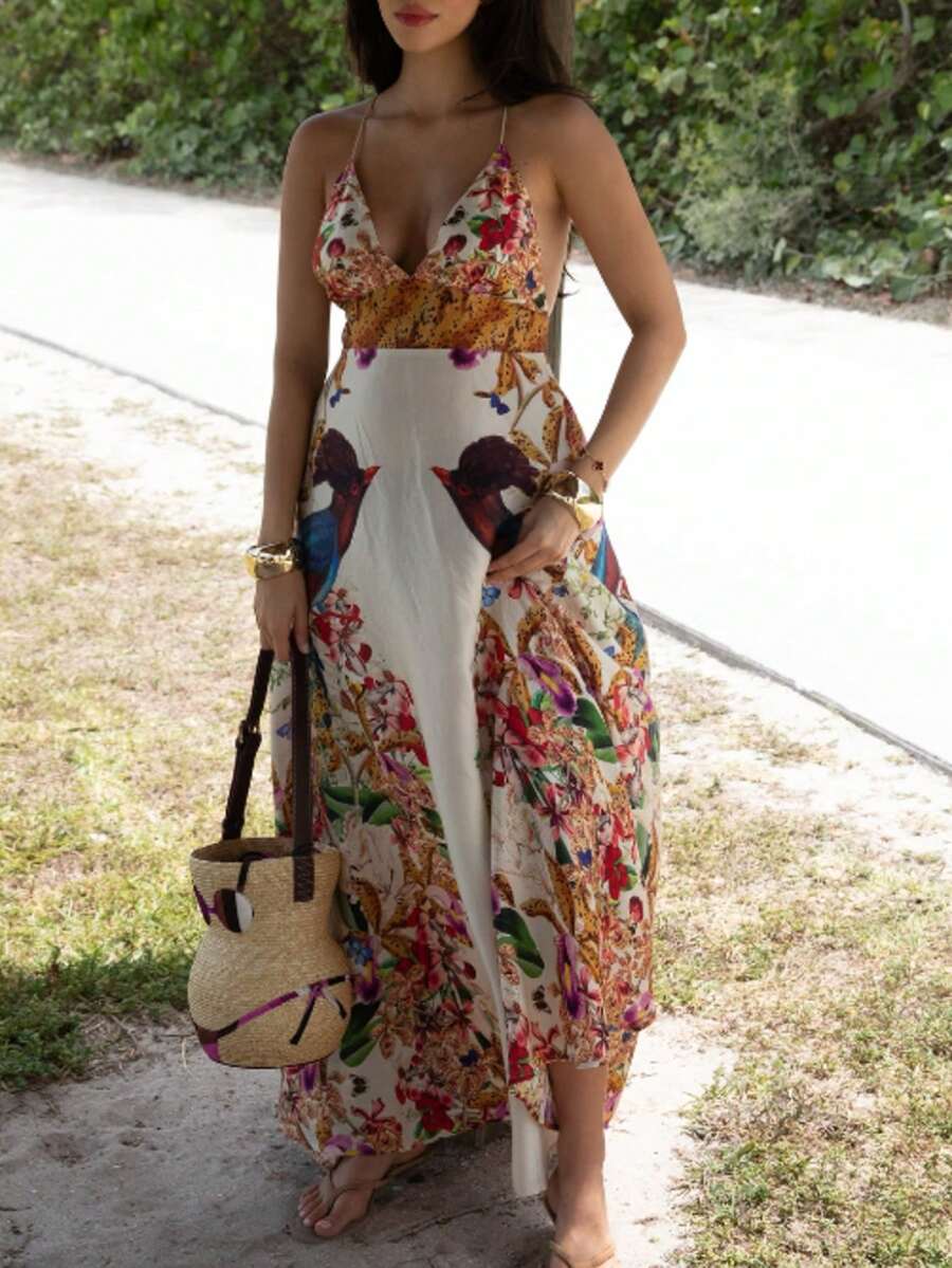 Vestido halter sin espalda con estampado tropical, adecuado para vacaciones en la playa - Blanco - Ver 1