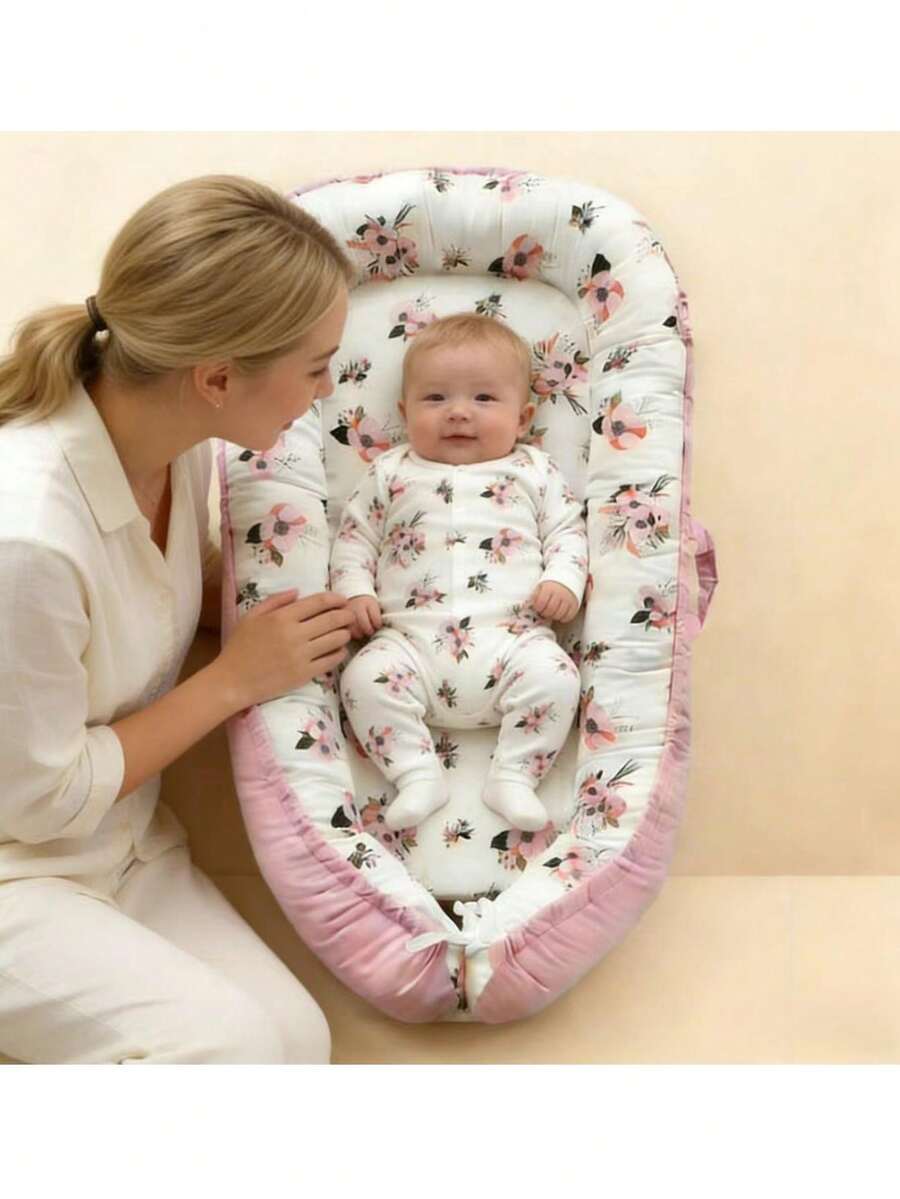 Pink Floral Breathable Removable & Washable Portable Baby Nest Cartoon Car Bionic Infant Bed Travel Crib, Suitable For Baby Boys & Girls 0-1 Years Old - Pink - View 1