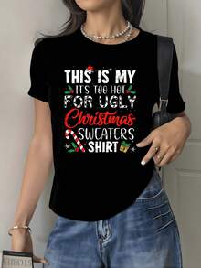 Christmas Motifs With Santa Hat, Candy Cane, Gifts And Cheerful Lettering That Convey Festive Humor And Warm Spirit To Celebrate With A Smile. Women's T-Shirt, 100% Cotton, 220g - 黑色 - 查看 8