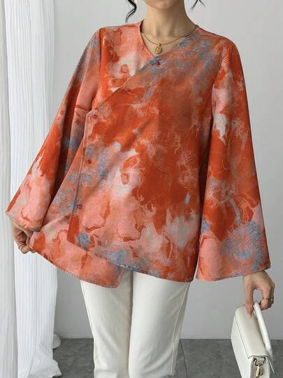 1pc Women's Blouse With Tie-Dye Print, Asymmetrical Collar, Single-Breasted, Asymmetrical Hem, Flared Sleeves, Elegant Chinese Style Top - Comfortable & Breathable Festival Attire, Suitable For Beach, Work, Daily Wear, Party, Wedding, And An Ideal Gift For Girlfriend, Wife, Mother, Mother's Day