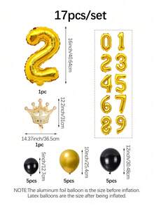 17件組數字柱氣球套組，包含16英吋0-9數字鋁箔氣球、金色皇冠、黑金乳膠氣球，適用於週年慶祝、生日派對、派對裝飾、節日慶典、婚禮、拍照道具 - 彩色 - 查看 2