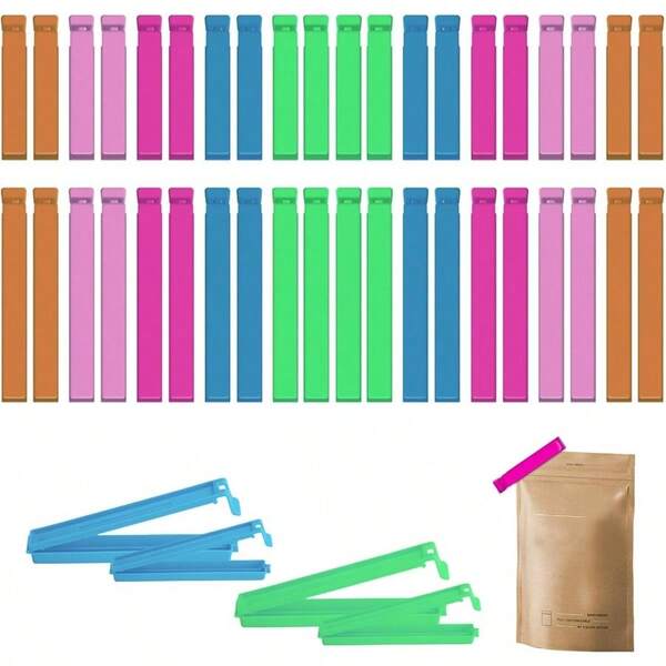40 PCS Plastic Food Sealing Bag Clips, Curved Design Resealable Chip Clip,2 Sizes Bright Colors Food Clips For Bags Snack Coffee Potato Kitchen And Home (4.3in X20, 2.8in X20)
