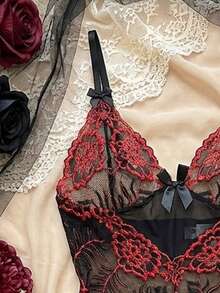 Sexy Lingerie - Lace Embroidered Camisole Set, Includes Panties And Chemise, Sexy Underwear, Sexy Sleepwear, Babydoll Lingerie - Black - View 2