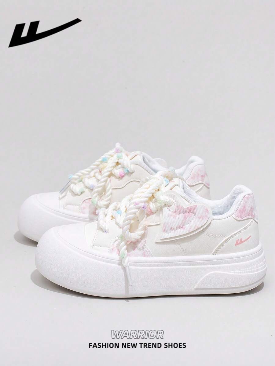 1 Pair WARRIOR Women's Thick Sole Lace-Up Soft Bottom Casual Shoes, Low-Top Outdoor Flat Shoes, Round Toe Low Heel Non-Slip Solid Color Elegant Soft Bottom Hiking Shoes, Suitable For Students, Graduation Photos, Flat Shoes, Low-Top Leather Sneakers - White/Pink - View 1