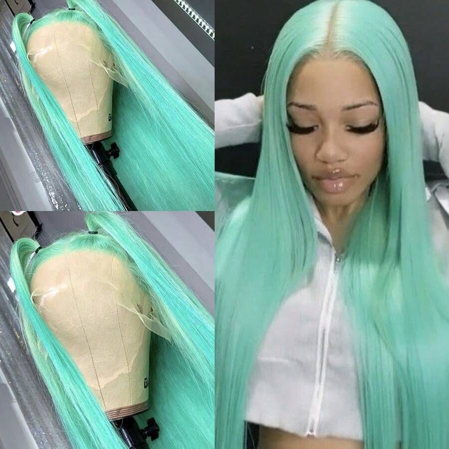 Gorgeous Neon Green Hair Synthetic Lace Front Wigs 28 Inch Pre Plucked Long Straight Hair Wigs Glueless Halloween Wigs Heat Resistant Fluorescent Green Straight Lace Front Wigs For Fashion Women For Daily Christmas Party Cosplay Use - Xanh nhạt - Xem 1