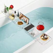 Yieach - Bandejas de tina para tina estante de baño expandible sobre la tina mesa de baño transparente tabla de baño bandeja de baño y accesorios de tina para mujeres relajándose con libro de - Transparente - Ver 1
