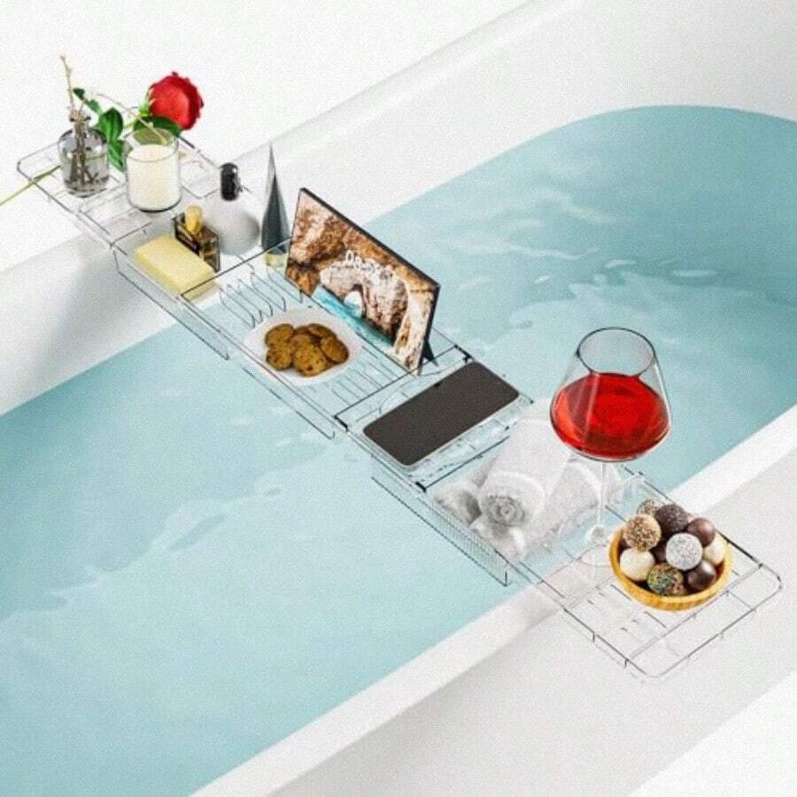 Yieach - Bandejas de tina para tina estante de baño expandible sobre la tina mesa de baño transparente tabla de baño bandeja de baño y accesorios de tina para mujeres relajándose con libro de - Transparente - Ver 1