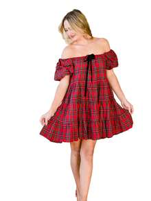 Vestido con Cuello de Hombro Descubierto y Volantes Múltiples - Estampado de Cuadros Rojos y Moño Negro, Vestido Retro Dulce para Fiestas - Rojo - Ver 9