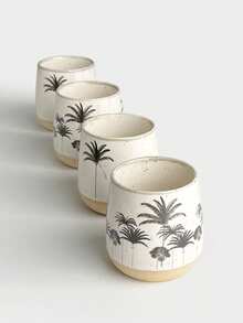 4pcs Minimalist Ceramic Mini Espresso Cups Set With Wooden Tray, Small Capacity Concentrated Coffee Cups, Coconut Tree Design Tasting Cups, Suitable For Home, Office, Cappuccino, Latte, Couple Cups