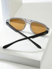 1pc Men's Classic Square Double-Bridge Minimalist Stylish PC Frame Glasses, Suitable For Party, Casual, Holiday, Travel, Beach, Daily Wear - Sand Ash Frame Tea Piece - View 3