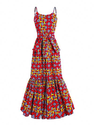 Vestido largo de tirantes finos de mujer con estampado geométrico rojo de batik africano, elegante para vacaciones de verano