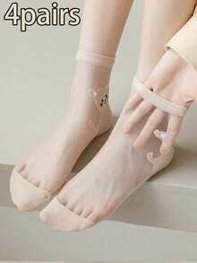 4-Pairs Women's Short Socks - Cute Cartoon Cat Illustrations, Ultra-Thin & Breathable, Mixed Colors (White/Beige/Gray/Black) For Everyday Casual & Outdoor Wear, Cute Socks, Playful Attire, Playful Design, Versatile Sock Styles, Durable Sock Fabric, Breathable Material - Multicolor - View 8