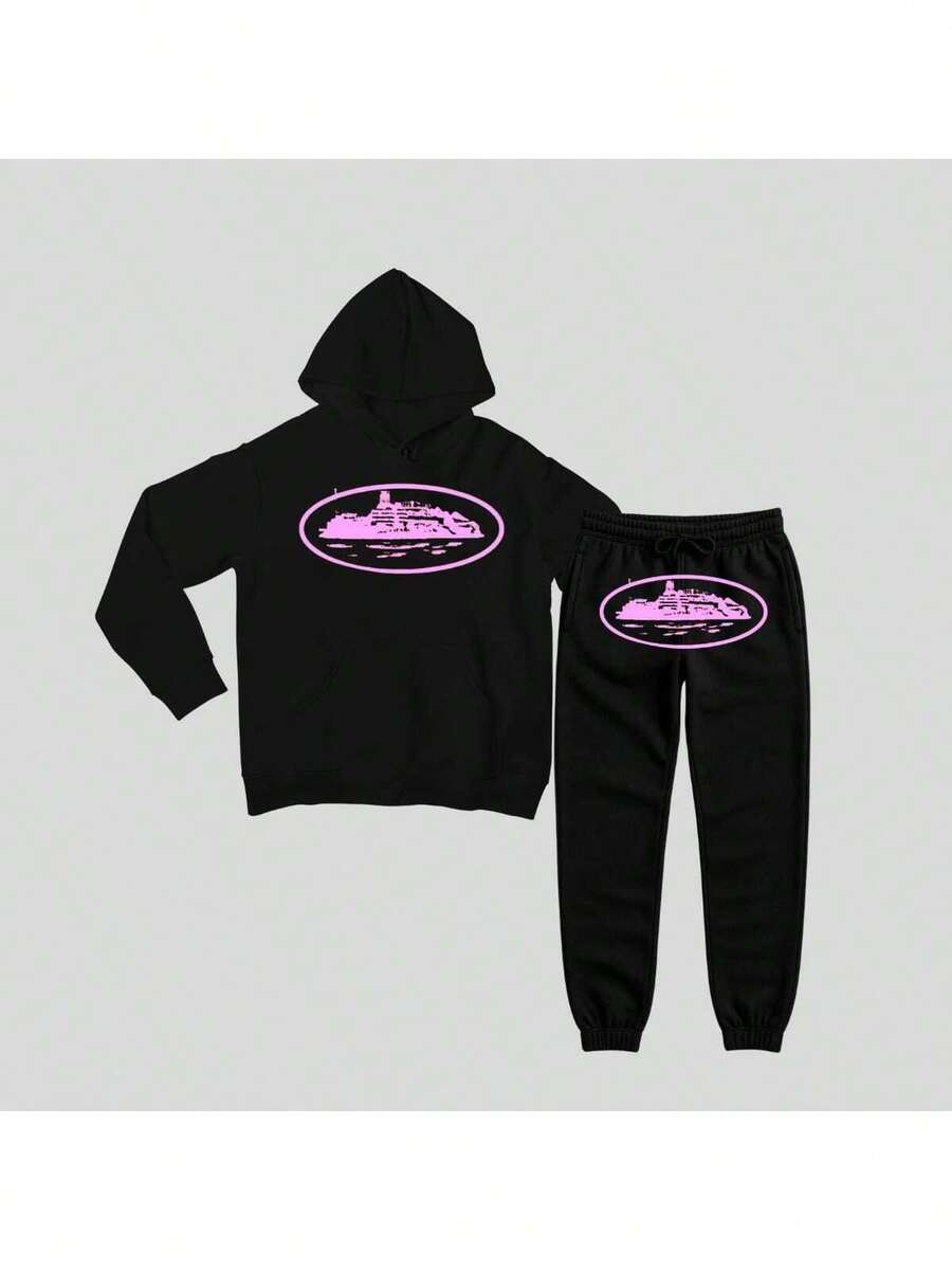Corteizz Pink Island Rules The World Alcatraz Streetwear Cotton Sweatshirt Set For Adults And Children - màu đen - Xem 1