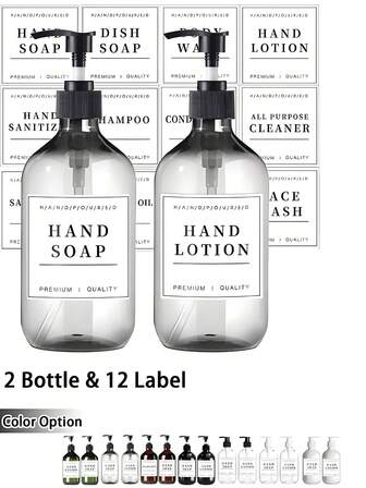 2 st. 500 ml/16 oz återfyllningsbara plastlotionflaskor med pumphuvuden, inkluderar 12 st. vattentäta etiketter, lämpliga för schampo, duschtvål, balsamdispenser, perfekt för hotellbadrum, badrumsinredning, höstdekor, skolstart och mer. 1 st/2 st/100 ml/500 ml