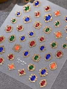 1片复古闪光彩色宝石镶嵌金边3D美甲贴纸，5D高品质粘性美甲装饰指甲用品 - 彩色 - 查看 7