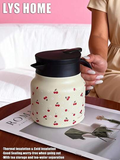 1pc 800ml Cherry Blossom Pattern Double Wall Stainless Steel Insulated Coffee/Tea Pot, Suitable For Office, Restaurant, Outdoor, School, Party, Ramadan, Valentine's Day, Mother's Day, Birthday And Other Occasions