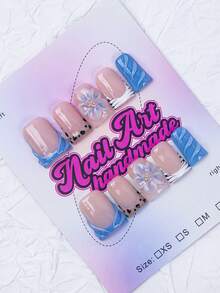 10片装Y2K鸭嘴美甲贴片套装 - 手工制作，蓝色美甲贴片，粉色美甲贴片，蓝白渐变法式美甲贴片，手工3D花朵美甲贴片，3D花朵美甲，手绘3D水滴设计美甲用品手工贴片 - 藍色 - 查看 3