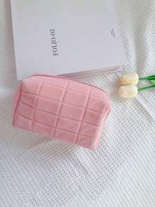 1pc Plush Pencil Case, Checkered Pattern, Soft Suede Material, Multiple Colors Available (Pink, Blue, White), Large Zipper Travel Toiletry Bag, Portable Multi-Function Large Capacity Bag, Cute Makeup Brush Organizer,Stationery