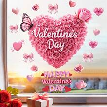 Floral Heart Window Clings Creative Removable Valentines Day Glass Decals Decor For Office Home Party - Pink - View 3