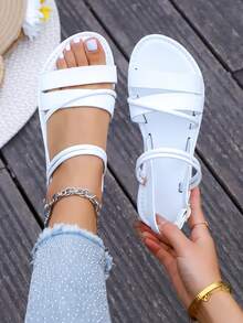 Sandalias casuales de cuero color caramelo con punta abierta para mujer, diseño de tira simple, cómodas para el transporte y el uso diario - Blanco - Ver 1