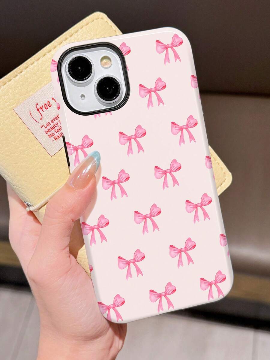 Bow-Knot 1pc Minimalist Bowknot Pattern Glossy Perforated Faux Leather Full Coverage Hard Phone Case Compatible With IPhone 11/12/13/14/15/16/17 Pro Max - Multicolor - View 1