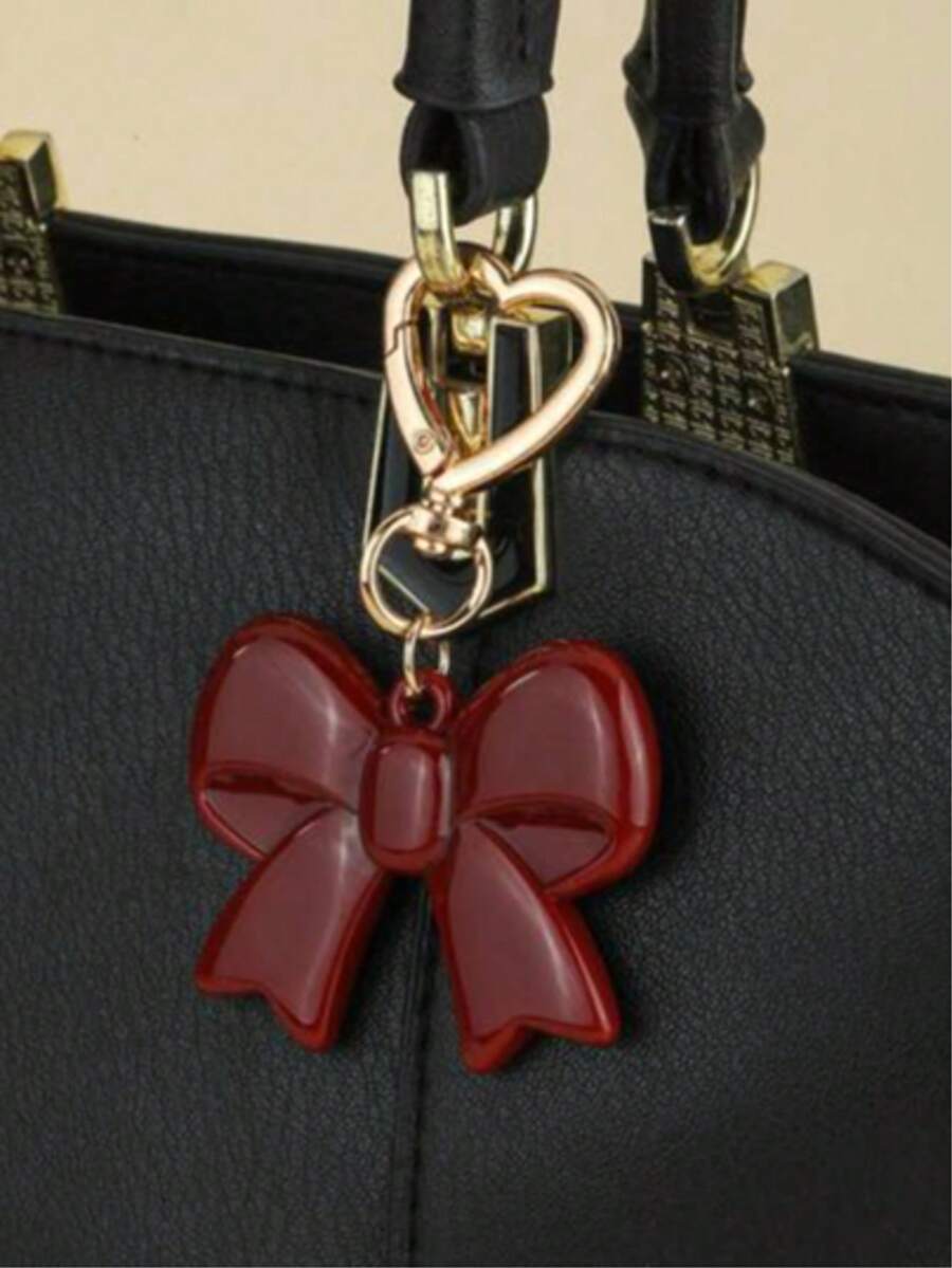 1pc Elegant High-End Burgundy Bow Heart-Shaped Keychain - Bag Charm, Valentine's Day/Teacher's Day Gift, For Lover/Friend/Teacher, Back To School Essential - Multicolor - View 1