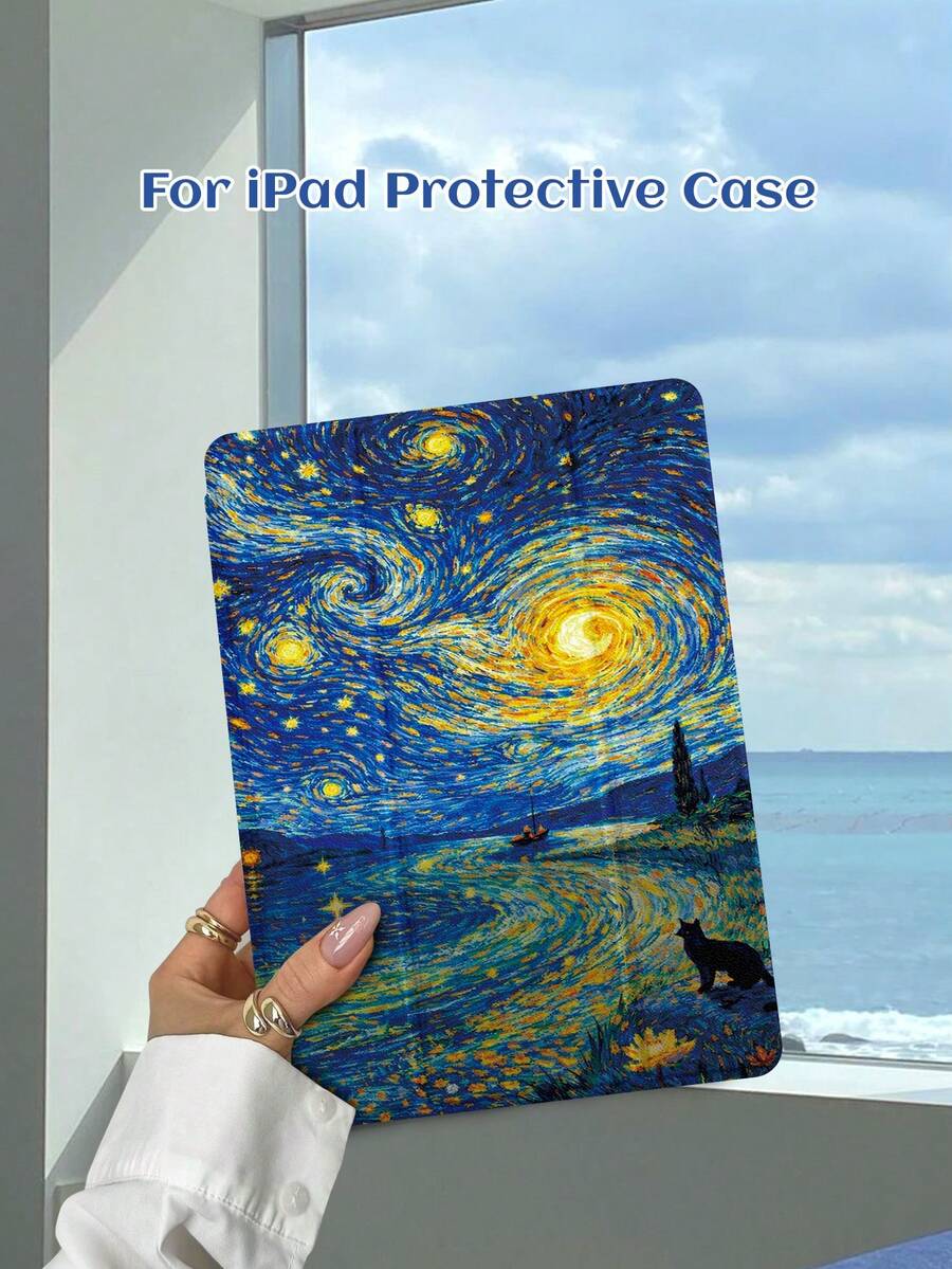 1个星空印象插画图案平板电脑保护套，兼容iPad 10.2英寸（2021/2020款）、iPad第10/9/8代、iPad（A16）11英寸（第11代，2025款）、三星Galaxy Tab A8 10.5英寸（2022款），带笔槽，支持自动睡眠/唤醒功能。 - 彩色 - 查看 1