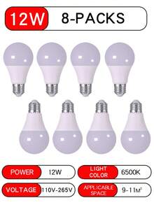 8 Pack E27 LED Bulbs, 7W/9W/12W/15W, 110W Equivalent, 110V-265V, 6500K, 1500 Lumen, Ultra-Bright, Energy Efficient, Eye-Friendly, Shatterproof, Standard Shape, E27 Base, For Living Room, Kitchen, Bedroom, Office
