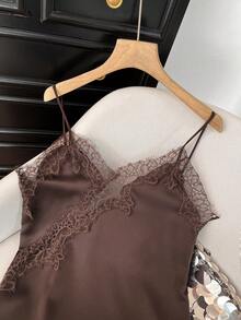 Vestido Casual Elegante e Sexy Feminino GMFP, Cor Sólida com Recorte de Renda, Bainha Assimétrica, Sem Alças, Ideal para Viagem, Férias, Festa Marrom, Adequado para Festival de Música/Temporada de Casamento no Verão - Castanho - Visão 6