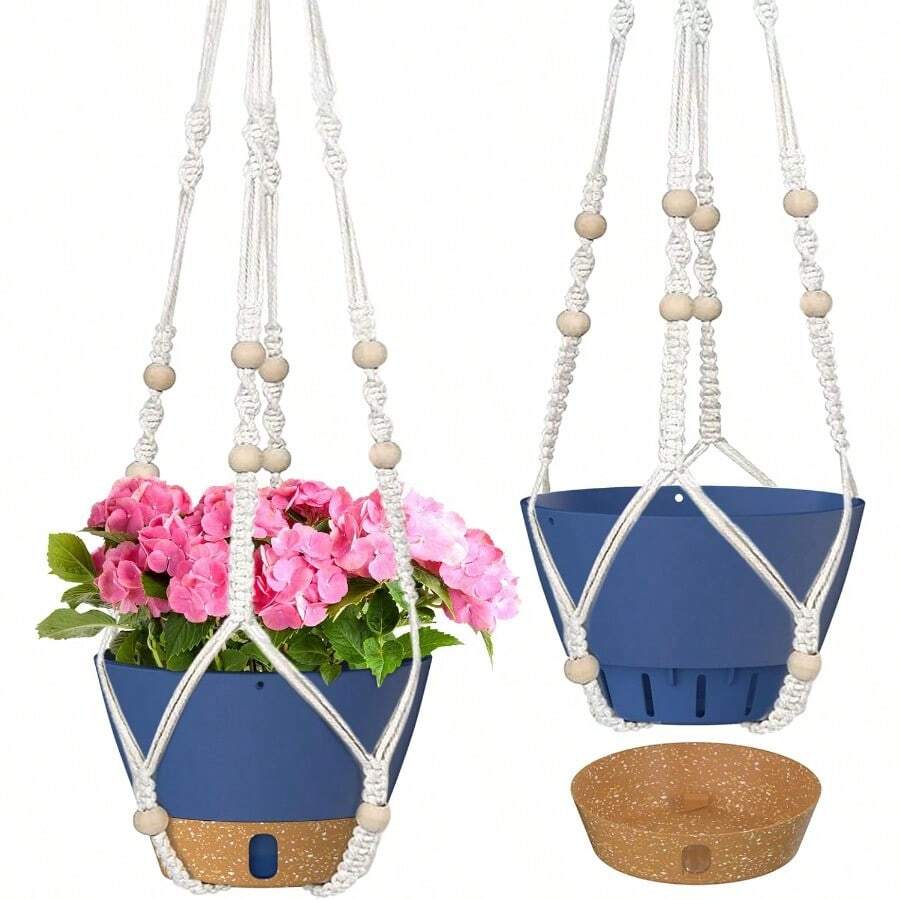 ZMTECH 2 Pack 10 Inch Hanging Planters with Mcreme Plant Hanger for Indoor and Outdoor Plants Self Watering Hanging Plant Pot with Basket Flower Pot with Drainage Hole and Visible Level Tray Blue - 4 - Ver 1