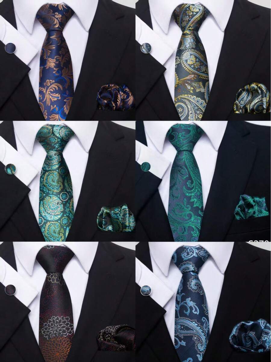 3pcs Set: Fashionable Striped Tie, Pocket Square And Cufflinks For Men, Suitable For Formal Business, Christmas, New Year, Valentine's Day - Color Mixing - View 1