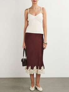 Women's Lace Trim Satin Silk Midi Skirt Y2K Elegant Silky Flowy A Line Long Skirt Vintage Bodycon Pencil Maxi Skirts Going Out Beach Vacation Skirt Streetwear - 酒紅色 - 查看 4